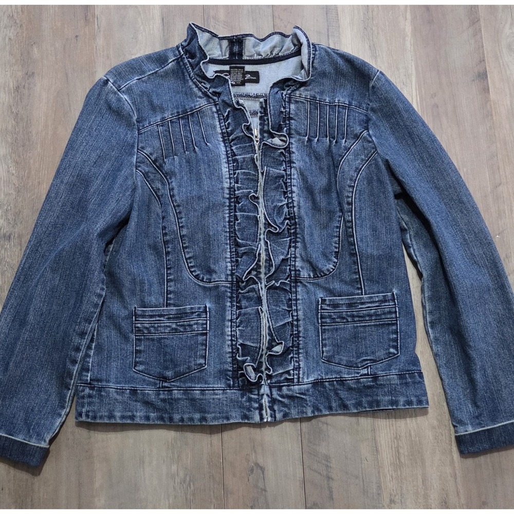 Christiana Zinn Blue Ruffle Denim Full Zip Jacket Women L